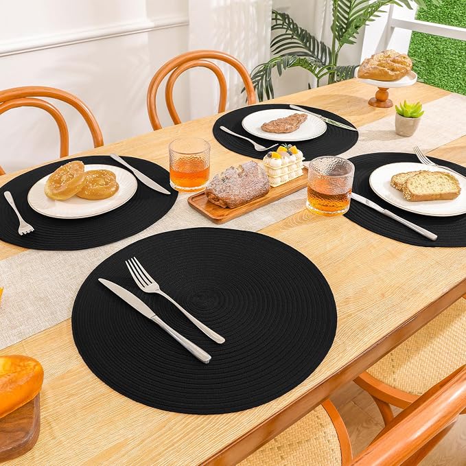 SHACOS Black Round Placemats Set of 12 Heavy Cotton Polyester Woven Braided - Image 2