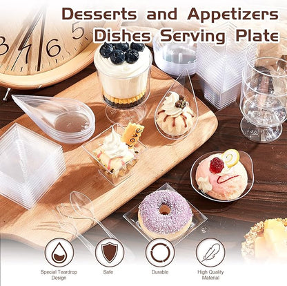 Tessco for you 1600 Pcs Mini Appetizer Plates Dessert Cups with Spoons Forks Set Assorted Shape Plastic Parfait Cups Dessert Plates Container Bowls with Disposable Spoon Fork for Party (Clear)