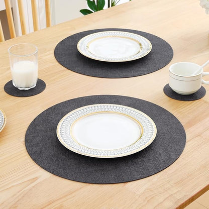 Homaxy Round Faux Leather Placemats and Coasters, Washable Dual-Side Table Mats, Wipeable Heat-Resistant Dining Place Mats for Outdoor and Indoor, Set of 4, Diameter 13 and 3.93 inch, Dark Grey