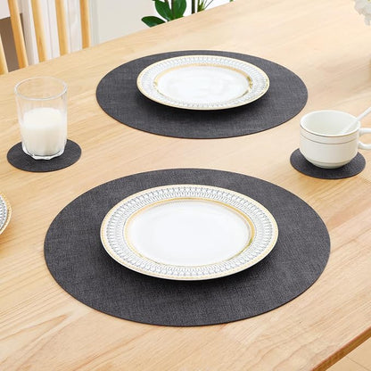 Homaxy Round Faux Leather Placemats and Coasters, Dark Grey | Washable - Image 7