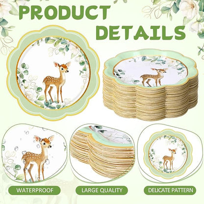 60 Pcs 7 Inch Woodland Animals Baby Shower Paper Plates Woodland Creatures Decorations Tableware Baby Gender Neutral Plates for Forest Animal Theme and Birthday Party Supplies
