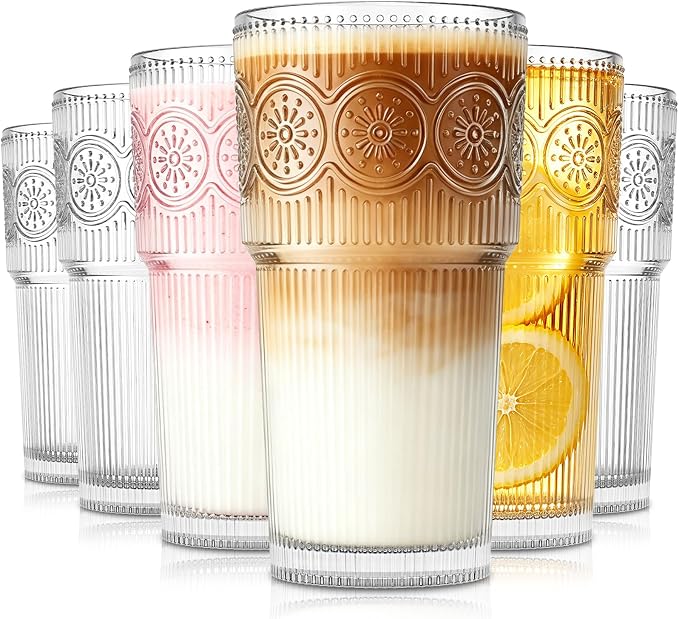 SoulTimes 20oz Drinking Glasses Set of 6, Large Thick Glass Cups Vintage by SoulTimes