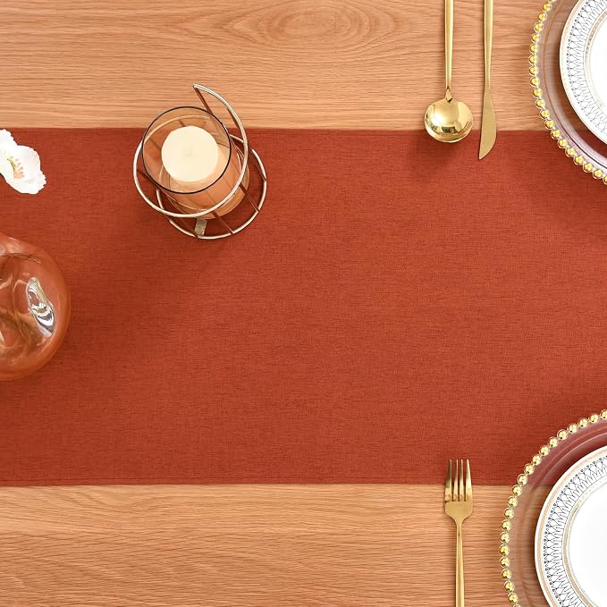 Faux Linen Table Runner Water Resistant 13 x 48 in, Rust | Farmhouse Rustic - Image 7