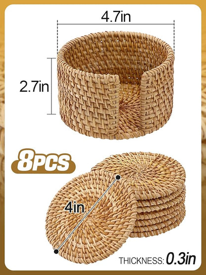 8pcs Natural Handmade Rattan Coasters with Holder - Wicker Drink Coasters Set for Protecting Table, Housewarming Gifts Boho Fall Home Décor