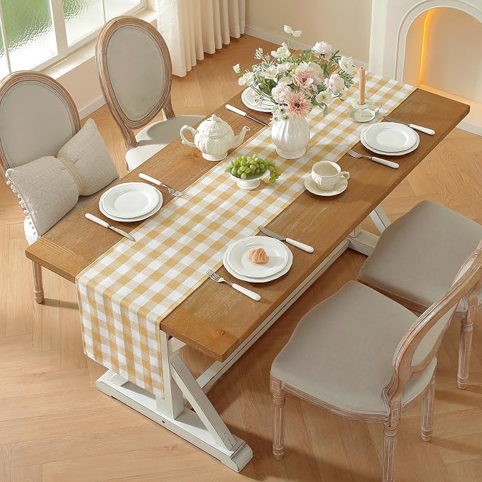 Laolitou Yellow Checkered Table Runner, Cotton Linen Gingham Table Runners - Image 2