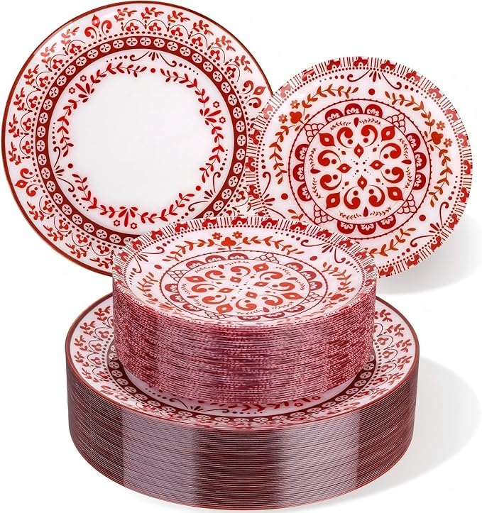 Red Plastic Plates, Floral Disposable Plates, 10.25" dinner & 7.5" dessert by Hioasis