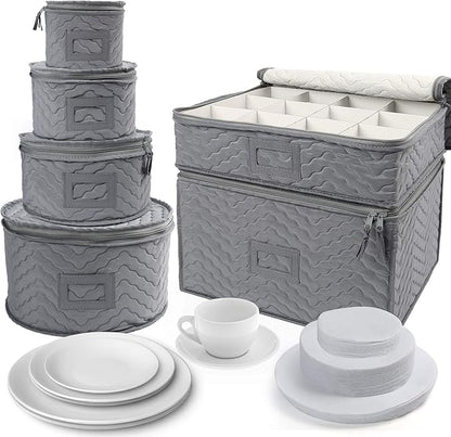 LotFancy China Storage Containers - Quilted 6-Piece Set Storage Box- Stores Chinaware, Stemware, Dinnerware, Dish Storage Service for 12, 48 Pcs Felt Protectors, Cardboard Dividers Included