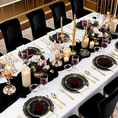 Ciaell 175 PCS Black and Gold Plastic Plates - Black Disposable Dinnerware Set with 50 Plates, 25 Knives, 25 Forks, 25 Spoons, 25 Cups, 25 Napkins for Parties and Weddings