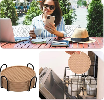 uxcell Set of 6 Round Drink Coasters with Holder, 4" Silicone Coaster for Drinks Non-Slip Cup Coaster Heat Resistant Glass Cushion for Bar Kitchen Office Decor, Brown(Pentagon)