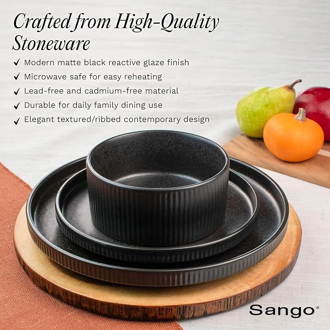 Sango 12 Pieces Stoneware Fluted Dinnerware Set, Modern Black Dishes - Image 3