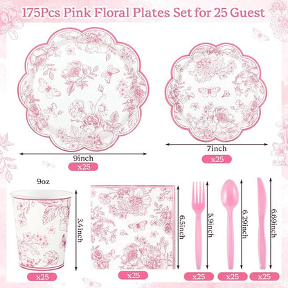 NatNarr 25 Set Pink Floral Party Supplies Include Plates Napkins Cups | - Image 2