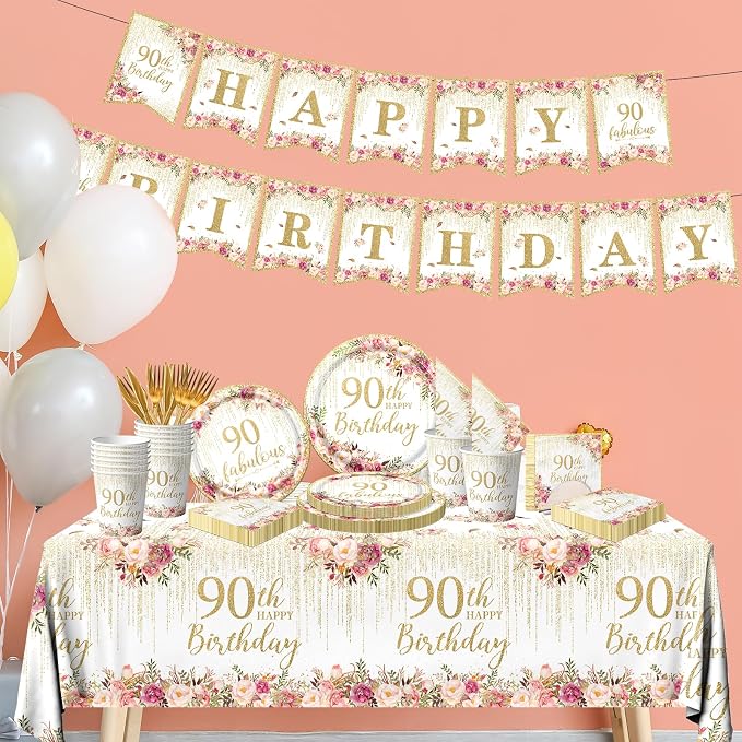 90th Birthday Party Tableware, Includes Plates, Tablecloth, Serves 20 - Image 4