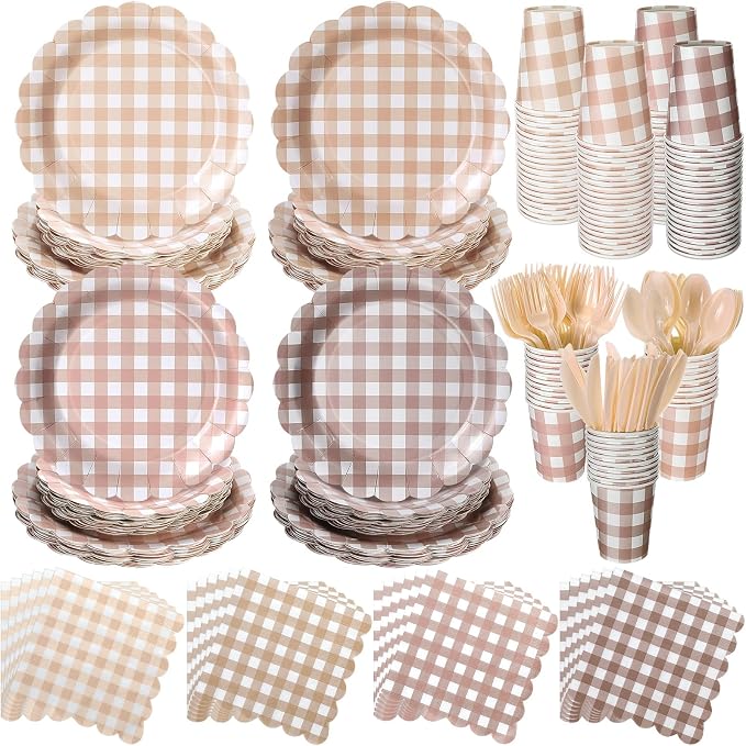 Yaomiao 168 Pcs Gingham Plates and Napkins Beige Plaid Disposable Dinnerware by Yaomiao