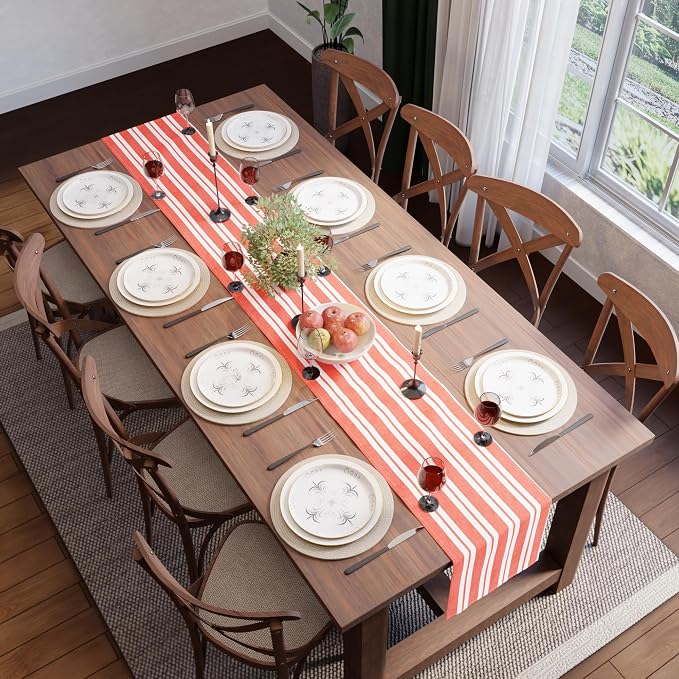 Encasa XO Table Runner, Woven Cotton Dining Runner 13"x94" Franca Orange Stripes - Image 4