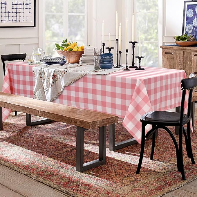 Plaid Tablecloth 2 Pack, 60 x 120 inch, Peach Pink and White | Waterproof - Image 6