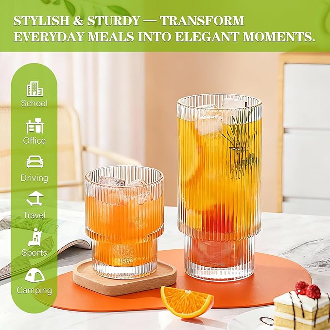 Ribbed Drinking Glasses Set of 4, Stackable Cute Kitchen Glasses Cups 16oz and - Image 6