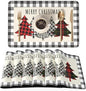 QIYI Christmas Placemats Set of 6, 12x18 Inch PU Leather Place Mats for Kitchen Dinning, Heat Resistant Anti Slip Buffalo Plaid Table Mats, Waterproof Washable Placemat Party Table Décor, Xmas Trees