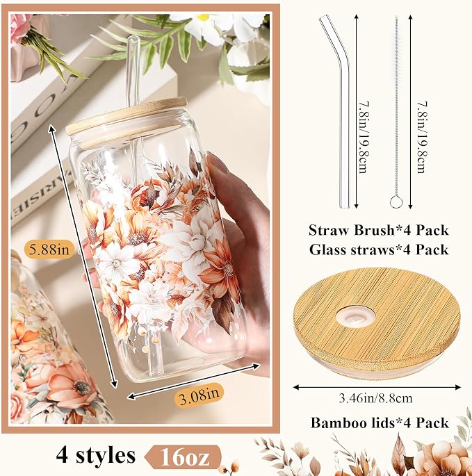 Mumufy 4 Pack Wildflower Glass Cups Gift Aesthetic Cute Glass Cup Tumbler - Image 2