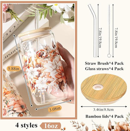 Mumufy 4 Pack Wildflower Glass Cups Gift Aesthetic Cute Glass Cup Tumbler - Image 2