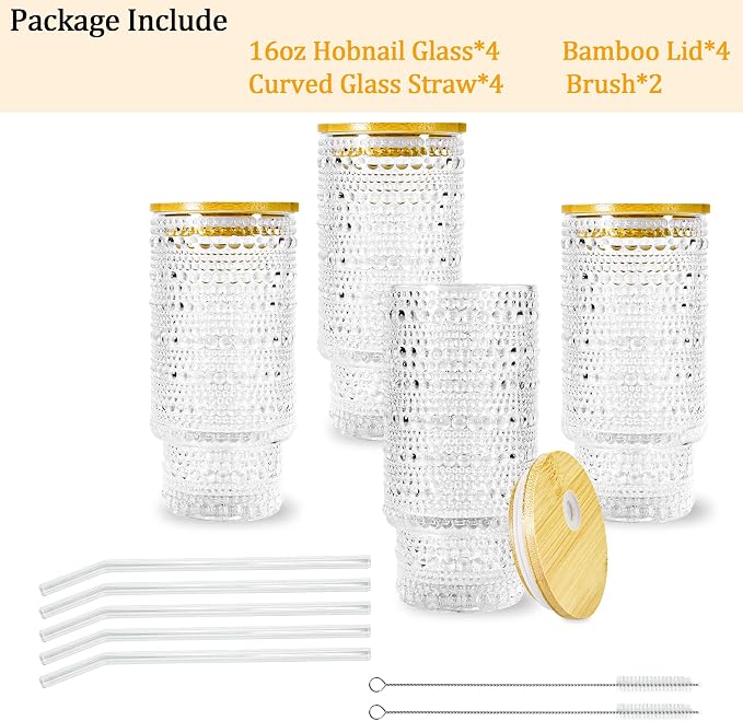 Glass Cups with Lids and Straws 16 oz Hobnail Drinking Glasses | Vintage Iced - Image 7