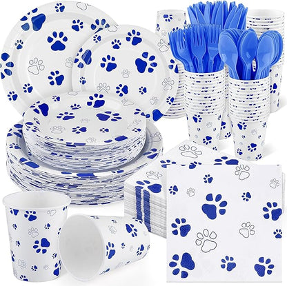 Kochorie 400 Pieces Blue Paw Disposable Party Tableware Sets Dog Puppy Supplies Including Plates Cups Napkins Cutlery Serves 50 for Birthday Puppy Theme Party Decorations