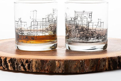 Black Lantern Whiskey Glass Set – 11oz Old Fashioned Tumblers for Bourbon, Scotch & Cocktails, Heavy Base Rocks Glasses Featuring Detailed Locomotive Blueprint Design, Great Gift for Men & Engineers