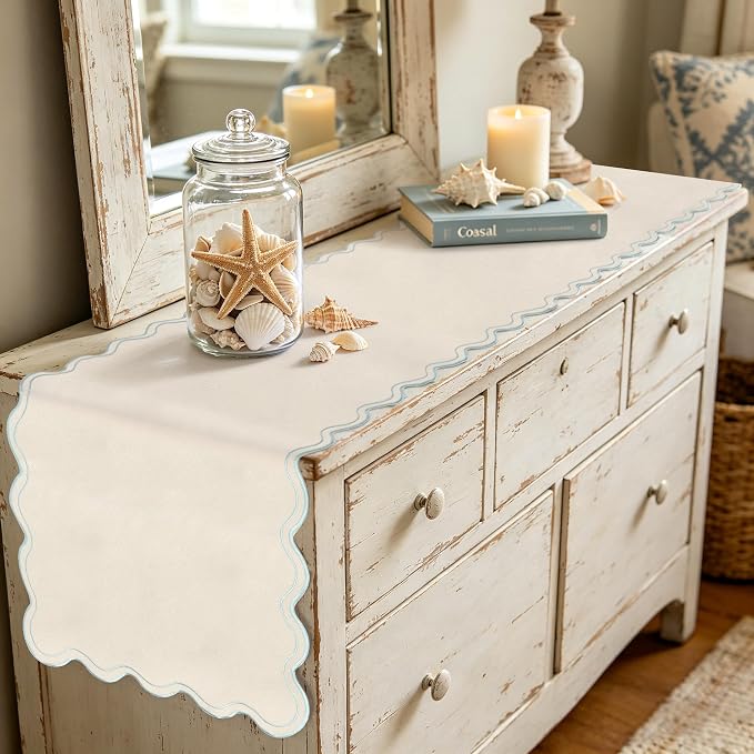 Cream Table Runner 15 x 70 Inch, Modern Farmhouse Scalloped Dresser Runners - Image 3