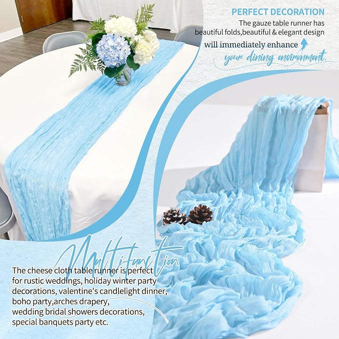 Showgeous 2 Pack Baby Blue Cheesecloth Table Runners Boho Wedding Decor | - Image 6