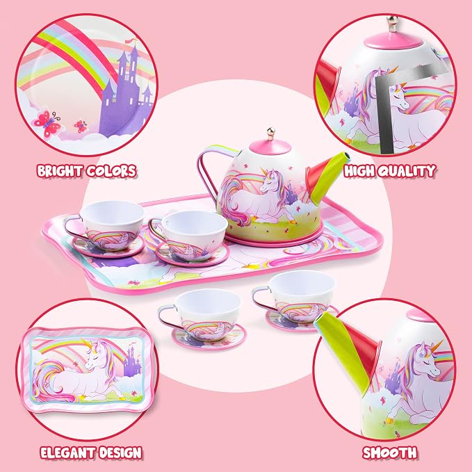 JOYIN Unicorn Tea Party Set for Little Girls, Pretend Pink Tin Teapot Set - Image 4
