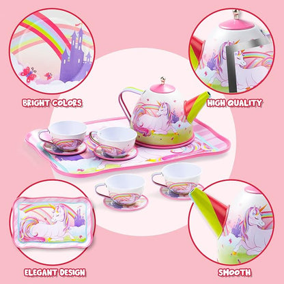 JOYIN Unicorn Tea Party Set for Little Girls, Pretend Pink Tin Teapot Set - Image 4
