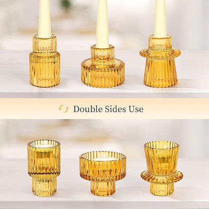 Taper Votive Candle Holder for Pillar Candles Tealight, Candlestick Holder for Wedding Christmas Tea Party, Boho Ribbed Vintage Crystal Glass Table Centerpiece Decor, Bulk Set of 6 (Amber)