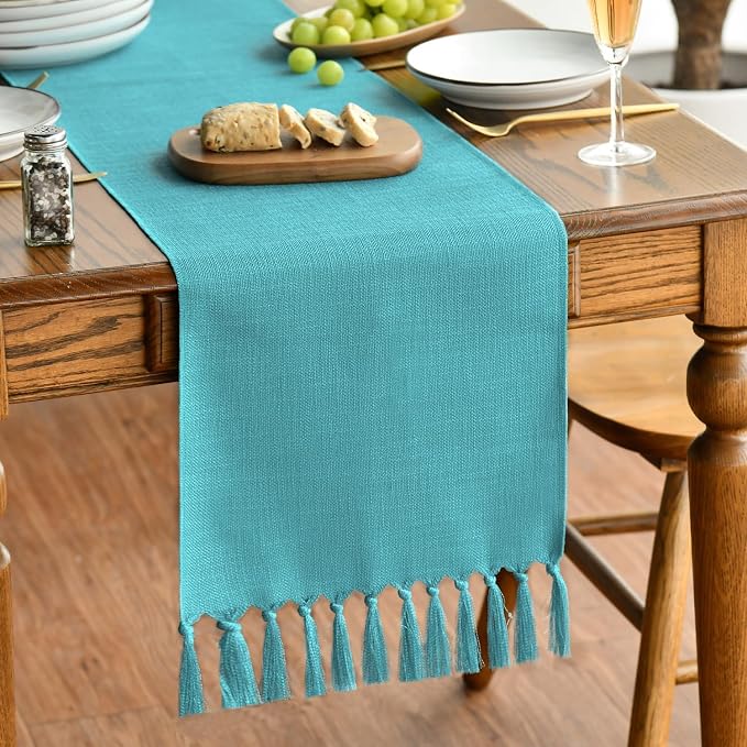 Artoid Mode Teal Tassel Table Runner, Winter Linen Blend Rustic Farmhouse Style by ArtoidMode