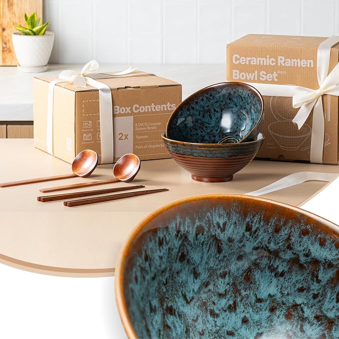8 Inch Ceramic Ramen Bowl Set of 2, 40oz Japanese Bowls - Image 3