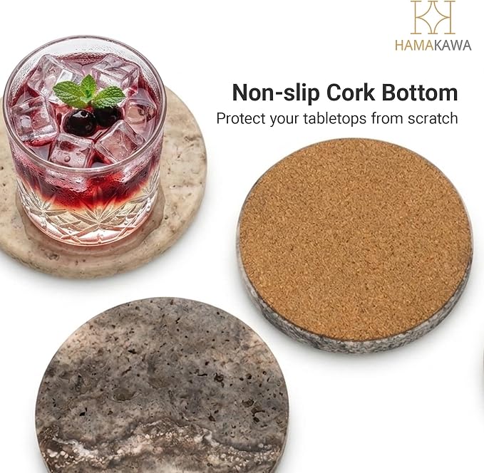 Natural Marble Coasters Set of 4, Round Travertine Coasters 4 Inch, Modern Gray - Image 4