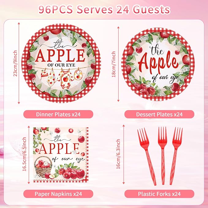 96Pcs Apple of Our Eye Baby Shower Decorations, Watercolor Apple Plates Napkins - Image 2