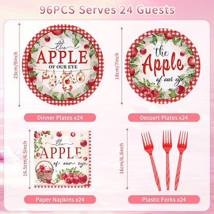 96Pcs Apple of Our Eye Baby Shower Decorations, Watercolor Apple Plates Napkins - Image 2