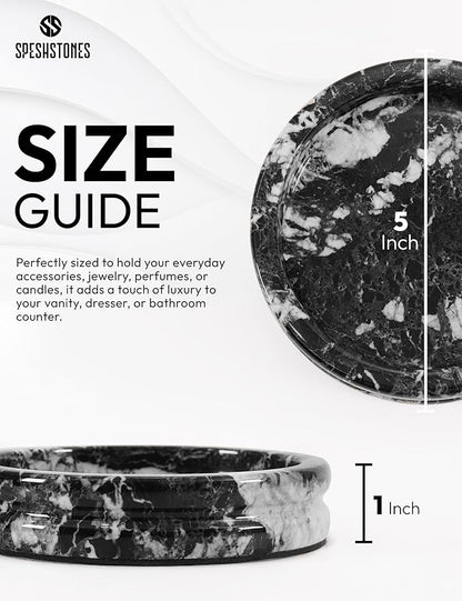 Marble Jewelry Dish 5 Inch Handmade Black Small Trinket Dish, Necklace & Ring Holder for Vanity Decor Accessories, Candle Plate, Key Bowl & Perfume Organzier, Gifts for Women