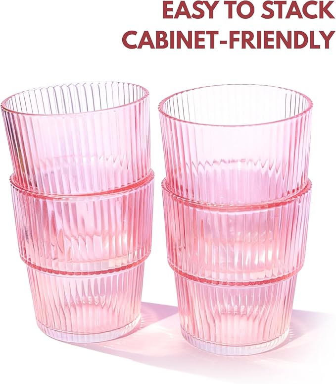 Pink Ribbed Drinking Glasses, 14 fl oz Glass Cups Set of 4 | Aesthetic Style - Image 4