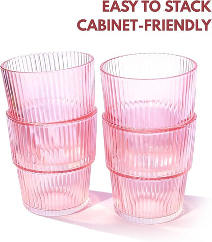Pink Ribbed Drinking Glasses, 14 fl oz Glass Cups Set of 4 | Aesthetic Style - Image 4