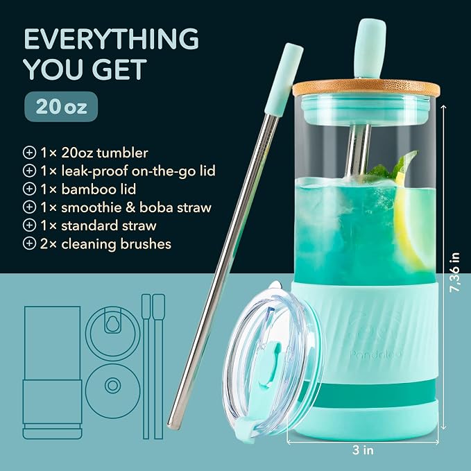 Pandaloo® Glass Cups With Lids and Straws -20 Fl Oz- Perfect Size Iced Coffee - Image 2