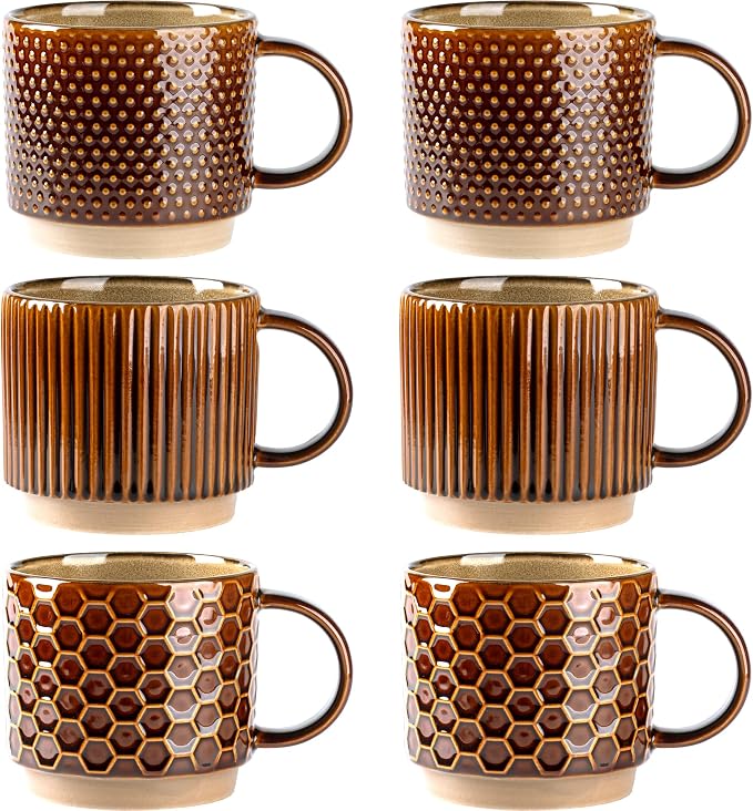 GBhome 12 OZ Stackable Coffee Mugs Set of 6, Ceramic Coffee Cups Set | 3 by GBhome