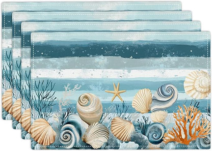 Ocean Seashell Placemats Set of 4, Beach Starfish Place Mats, Coastal Marine Life Waterproof Washable Table Mats for Home Party Indoor Kitchen Dining Table Decoration 12x18 Inch