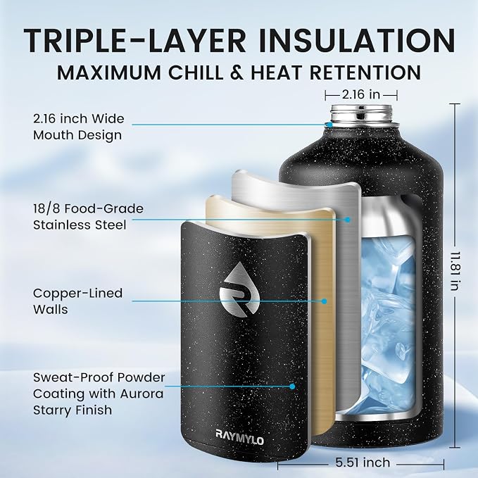 RAYMYLO One Gallon Water Bottle Insulated 128 oz, Stainless Steel | Triple - Image 4