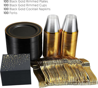 The Essential Concierge Stylish 7.5 Inch Gold and Black Cake Plates with Disposable Cups, Forks and Cocktail Napkins (100 Set of Each) - Small Appetizer Plates, Disposable Cake Plates or Salad Plate