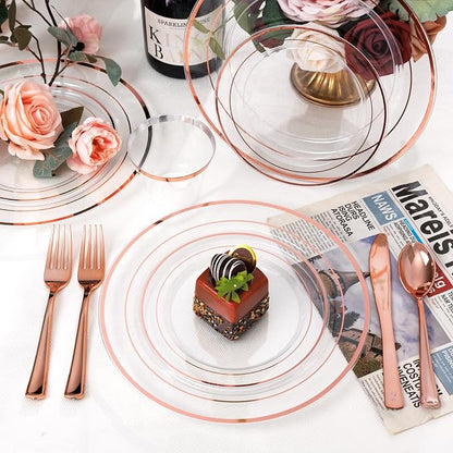 bUCLA 600PCS Clear Rose Gold Plastic Dinnerware Set Disposable - Image 3