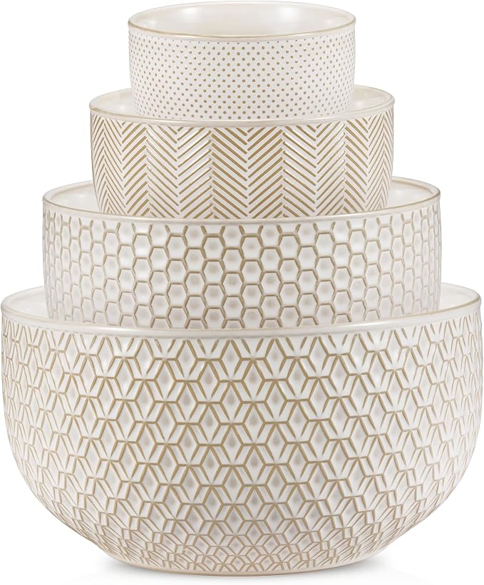 KooK Ceramic Mixing Bowls, Nesting Set of 4, Embossed Kitchen Dishware by Kook