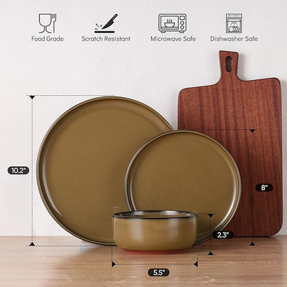 E-far Stoneware Dinnerware Sets for 8, 24 Pieces Reactive Glaze Plates and Bowls Sets, Elegant Dishes with Rustic Terracotta Clay Base, Dishwasher & Microwave Safe, Scratch Resistant, Desert Camel