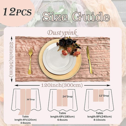12 Pack Dustypink Cheesecloth Table Runner 22x120 Inch-Naturally Dyed Colors Sheer Gauze Cheese Cloth Wedding Table Runner,Rustic Boho Crinkle Fabric, Reception, Bridal Shower,Farmhouse Dining Decor