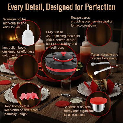 KEFF Taco Tuesday Kit - Taco Bar Serving Set for a Party, Lazy Susan Serving Dish 6 Sections, 4 Tacos Holder, Condiment Containers, Squeeze Bottles, Tongs, Recipes & Instructions - Tailgate Essentials