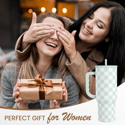 Checkered Tumbler with Handle 40oz, Mint Checker Cup Stainless Steel Insulated - Image 8